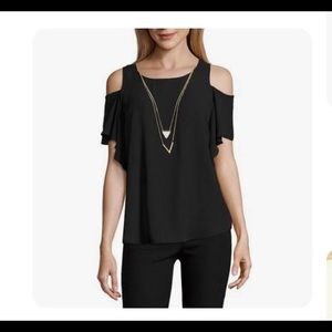 BCX juniors ruffled sleeve cold-sh black top